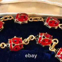 Estate 14K Yellow Gold Black Red Enamel Ladybug 6.5 Bracelet