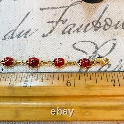 Estate 14K Yellow Gold Black Red Enamel Ladybug 6.5 Bracelet