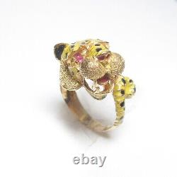 Estate 18K Yellow Gold Yellow And Black Enamel Tiger Ring With Natural Ruby Eyes