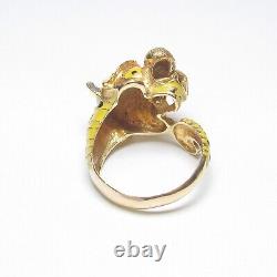 Estate 18K Yellow Gold Yellow And Black Enamel Tiger Ring With Natural Ruby Eyes