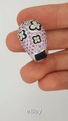 Estate 18k White Gold Round Diamond Pink Sapphire Black Enameled Butterfly Ring