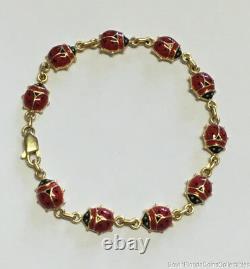 Estate Jewelry Black & Red Enamel Ladybird Bracelet 14K Yellow Gold 7 Long