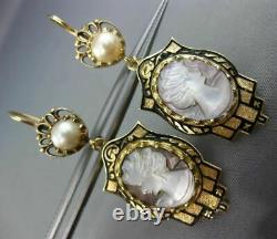 Estate Large Cameo Black Enamel & Pearl 14k Yellow Gold Victorian Earrings 25733