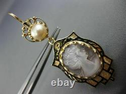 Estate Large Cameo Black Enamel & Pearl 14k Yellow Gold Victorian Earrings 25733