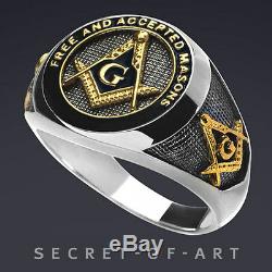 F & AM Masonic Ring Silver 925 Ring Black Enamel with 24k-Gold Plated Parts