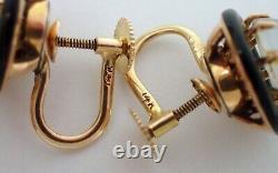FINE Antique Victorian 14k Yellow Gold 8mm MOONSTONE Black Enamel Screw Earrings
