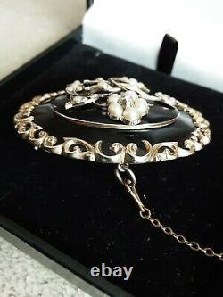 Fabulous Large Victorian 9ct Enamel Seed Pearl & Diamond Mourning Brooch 33.7g