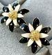 Frascarolo 18k Yellow Gold Black White Enamel Flower Vintage Clip-on Earrings