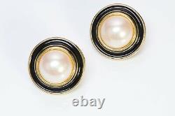 GIVENCHY Paris Gold Plated Pearl Black Enamel Round Earrings