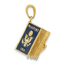 Gent's Ladies 14K Yellow Gold Blue Enameled Passport Charm Pendant For Necklace