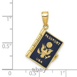 Gent's Ladies 14K Yellow Gold Blue Enameled Passport Charm Pendant For Necklace