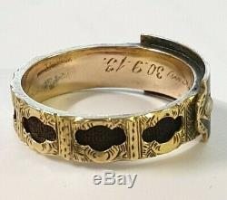 Georgian 1813 18ct Gold Ring Black Enamel & Pearl Mourning Hair Panels Size P