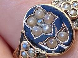Georgian 18k Split Pearls Rose Cut Diamonds Black Enamel Gold Ring -uk Size Q/R
