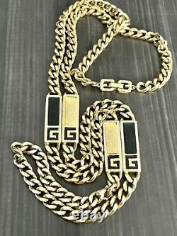 Givenchy Designer Logo Necklace Black Enamel Cuban Chain Link Gold Tone VTG
