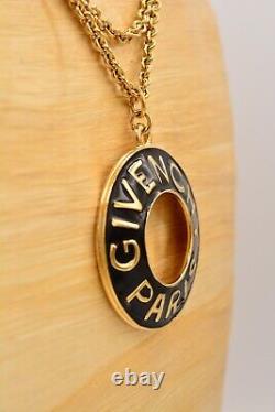 Givenchy Vintage Logo Pendant Necklace Long Gold Black Enamel Runway Signed BinN