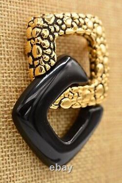 Givenchy Vintage Pin Brooch Antiqued Gold Pebble Black Lucite Signed 80s BinAJ