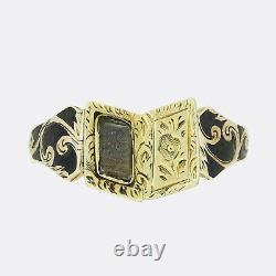 Gold Band Ring- Early Victorian Black Enamel Book Locket Mourning Ring 18ct Gold