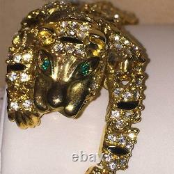 Gold Tiger Brooch Black Enamel Rhinestone Emerald Green Over Shoulder Pin Vtg 7