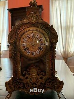 Gorgeous Antique Gold & Black Enamel French Boulle Clock On a Shelf Works