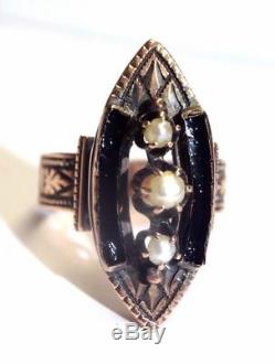 Gothic Victorian Black Enamel 9CT Rose Gold Engraved Pearl Navette Ring Size 6.5