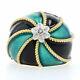 Green & Black Glass Enamel Swirl Dome Ring 18k Gold Diamond Accent Size 5