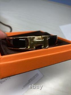 HERMES Clic H Bangle Bracelet Black Enamel Gold Plated Metal with Box Authentic