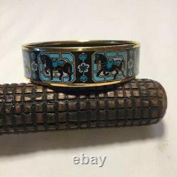 HERMES Wide Gold Plated Black, Turquoise Enamel Equestrian Bangle Bracelet