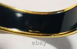 HERMES Wide Gold Plated Black, Turquoise Enamel Equestrian Bangle Bracelet