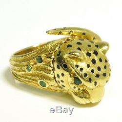 Handmade 18k Yellow Gold Black Enamel Emerald Panther Cheetah Estate Ring