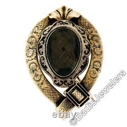Handmade Antique Victorian 10K Gold Black Enamel Engraved Mourning Brooch Pin