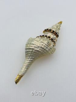Hattie Carnegie Vintage Gold Plated Enamel Black Rhinestone Conch Shell Pin