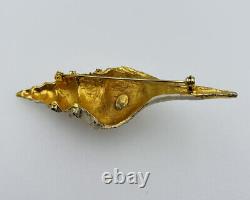 Hattie Carnegie Vintage Gold Plated Enamel Black Rhinestone Conch Shell Pin