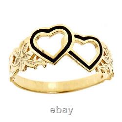 Hawaiian Heirloom Jewelry 14 Karat Gold Double Heart Black Enamel Ring