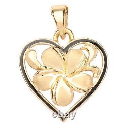 Hawaiian Heirloom Jewelry 14k Gold Plumeria Black Enamel Heart Pendant