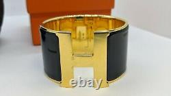 Hermes Clic Clac H Black Enamel Extra Wide Gold Plated Bracelet 55mm