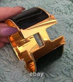 Hermes Clic Clac H Black Enamel Extra Wide Gold Plated Bracelet 55mm size PM