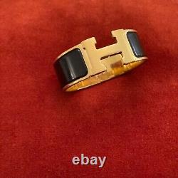 Hermès Clic Clac H Black Enamel Gold Plated Wide Bracelet