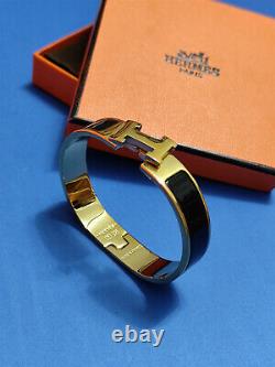 Hermes H Clic Clac Narrow Bracelet PM Black Enamel Gold Cuff Bangle