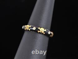 Hidalgo 18K Yellow Gold Diamond Skull Crossbones Black Enamel Ring Band Size 6.5