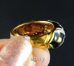 Hidalgo 18K Yellow Gold Diamond XX Kiss Black Enamel Domed Wide Vintage Ring 7