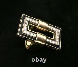 Italian Estate Jewelry Ring 18k Gold 18 Diamonds Black Enamel Rectangular 21.2 G