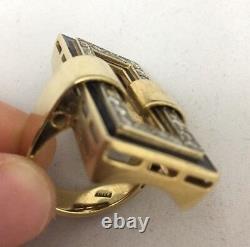Italian Estate Jewelry Ring 18k Gold 18 Diamonds Black Enamel Rectangular 21.2 G