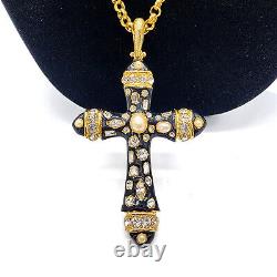 Jeweled Black Enamel Gold Tone Cross Pendant Necklace Faux Pearls Rhinestone Vtg