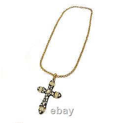 Jeweled Black Enamel Gold Tone Cross Pendant Necklace Faux Pearls Rhinestone Vtg