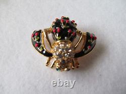 Joan Rivers Black Enamel Red Cherries with Crystals Bee Pin Brooch withClip Earrings