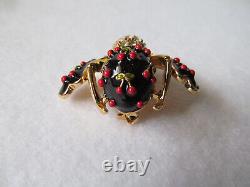 Joan Rivers Black Enamel Red Cherries with Crystals Bee Pin Brooch withClip Earrings