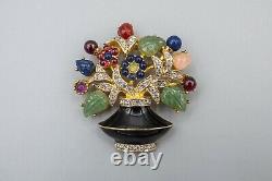 Judith Leiber Flower Urn Basket Brooch Pin Vintage Black Green Crystal Gold Tone