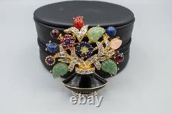 Judith Leiber Flower Urn Basket Brooch Pin Vintage Black Green Crystal Gold Tone