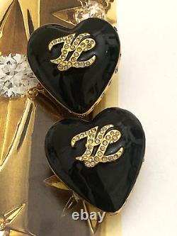 KARL LAGERFELD Gold Tone Black Enamel Crystal Rhinestone Clip-On Earrings MINT