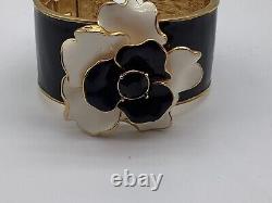 KJL Flower Bangle Bracelet Vintage Black White Enamel Gold Signed